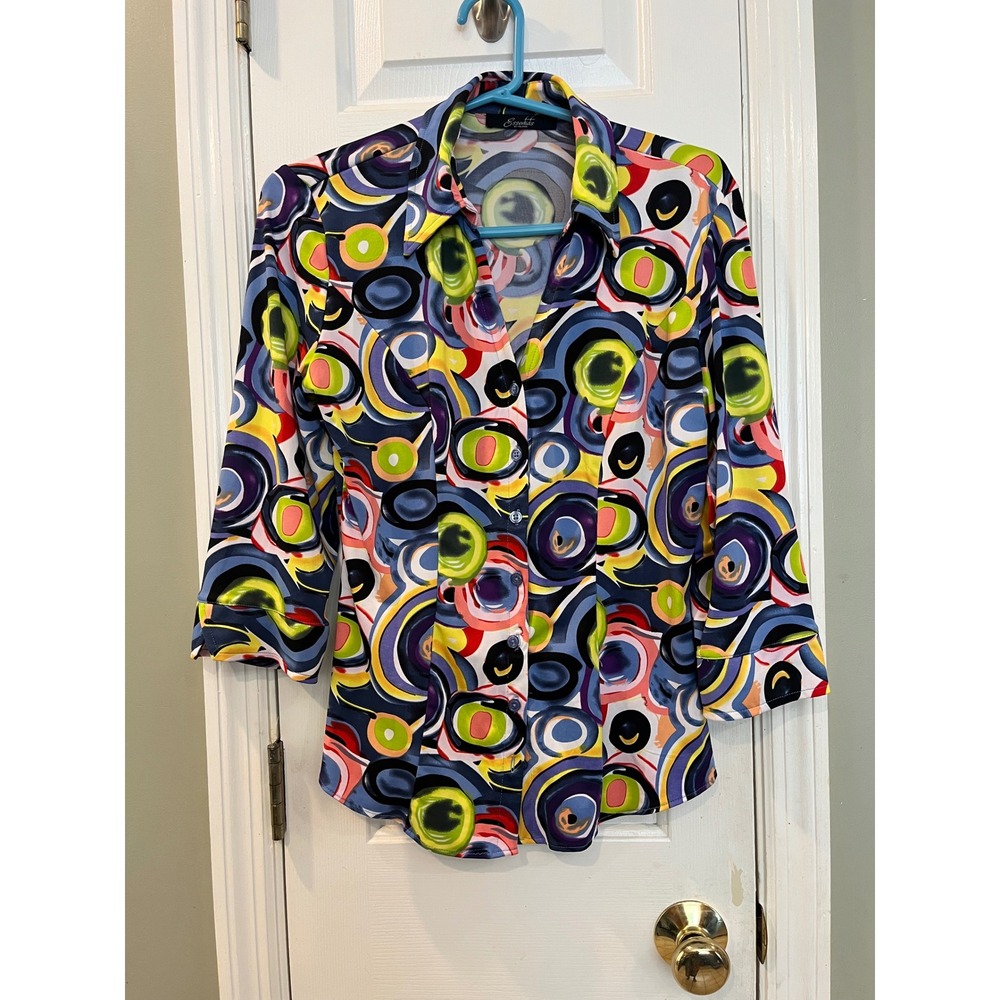 Essentials by Milano Womens Small Psychedelic Swirl 3/4 Sleeve Button Down Shirt